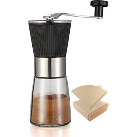 Manual coffee grinder with 100 coffee filters, with adjustable ceramic conical burr for Aeropress espresso filters, French press coffee bean grinder (black) (1/4)