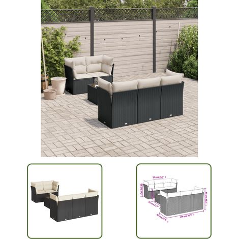 The Living Store 7-tlg. Garten-Sofagarnitur mit Kissen Schwarz Poly Rattan - Gartenmöbel Set - PE-Rattan Möbel - Outdoor Sofa - Esstisch - Lounge Garnitur (1/3)