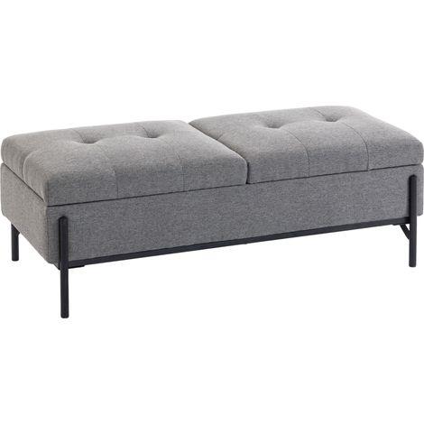 Sitztruhe aus Leinen, Bettbank mit 2 Fächern, klappbaren Deckeln und extra dicker Polsterung, 117 x 50 x 44 cm (1/5)