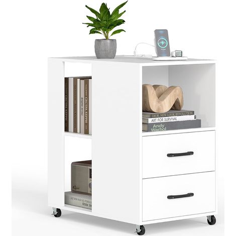 COSTWAY Tavolino Basso Laterale, Tavolino da Divano con Stazione di Ricarica, 2 Cassetti e Ripiani, Tavolo Versaliti per Camera da Letto, Soggiorno e Ufficio, 60 x 40 x 65,5 cm (Bianco) (1/5)