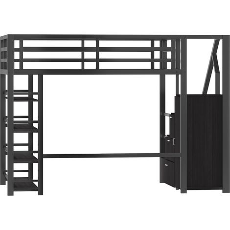 Cama alta 140x200 cm de metal y MDF negra con estantes, armario e iluminación LED (1/5)