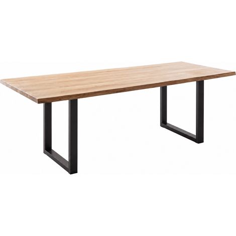 Table à manger avec bord irrégulier coloris Chêne massif naturel et pieds en métal noir - Longueur 220 x Profondeur 100 x Hauteur 76 cm (1/5)