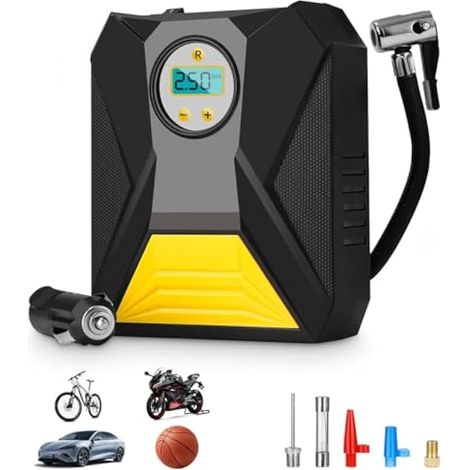 Gonfleur de roues de voiture 12 V, compresseur d'air portable avec adaptateurs de buse, voyants LED numériques et arrêt automatique, pour pneus de voiture (1/4)