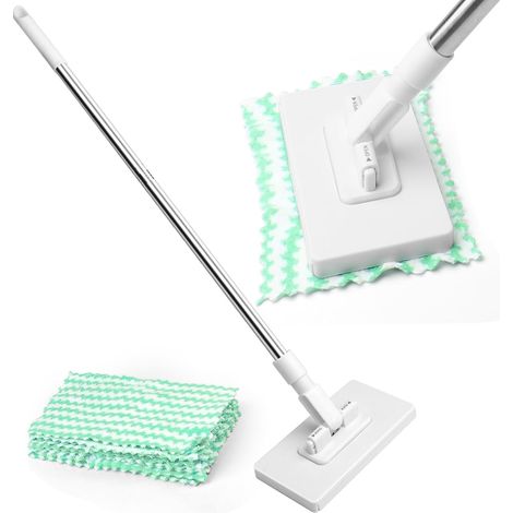 Balai Serpillère Plat avec Système de Serrage à Pression - 10 Lingettes Microfibres Incluses, Manche Télescopique 100 cm, Nettoyage Sol Sec et Humide, sans Se Salir Les Mains, pour Maison et Bureau (1/5)