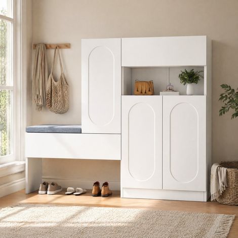 Meuble à chaussures 130x35x110 cm en panneaux de bois blanc, avec rangement, pour salon FloraGrace (1/5)