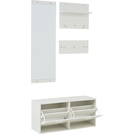 Set de recibidor de 4 piezas con espejo, 2 percheros y zapatero blanco de aglomerado (1/5)