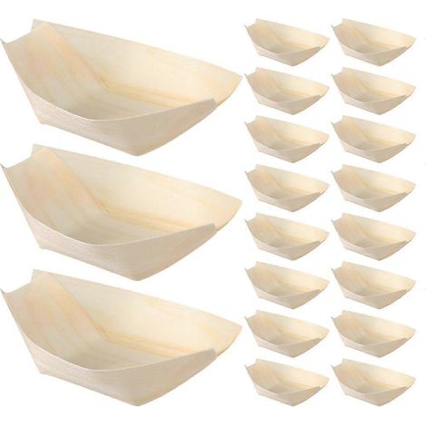 200 plateaux de service à sushis jetables, assiettes en bois en forme de barque à sushis, plateaux de service à desserts, plats alimentaires-8.50X6.00X2.50CM (1/3)
