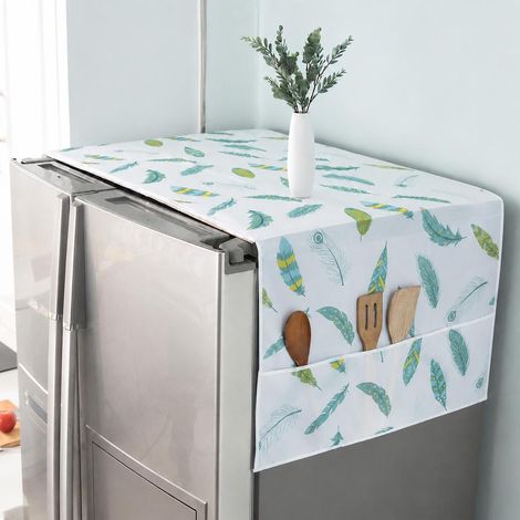 Staubschutzhülle für Kühlschrank, wasserdichte PEVA-Abdeckung für Waschmaschine mit 3 Taschen, Federmuster, 62 x 180 cm