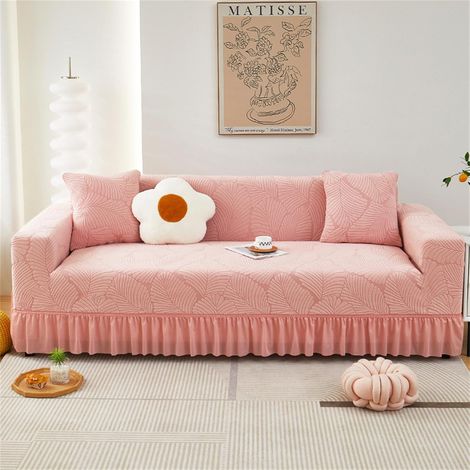 JSSEVN - Jacquard Stretch Sofa Cover with Skirt, Washable Sofa Cover with Armrests, Adjustable Sofa Cover, Armchair Cover (2 Seater, Pink) (1/5)
