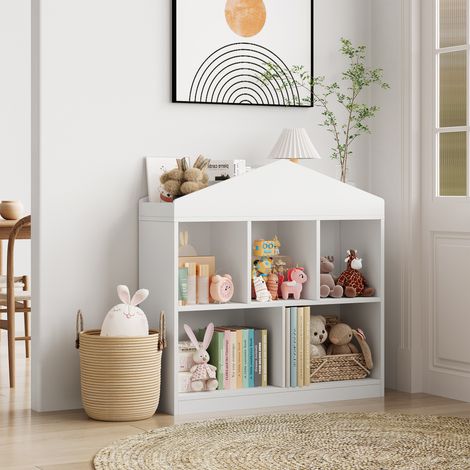 Bücherregal mit 5 Fächern, Würfelregall mit 3 Ebenen, Aufbewahrungsregal für Wohnzimmer, Schlafzimmer, Büro, Arbeitszimmer, Modernes offenes Regal aus Holz,90x30x90CM ,Weiß (1/5)