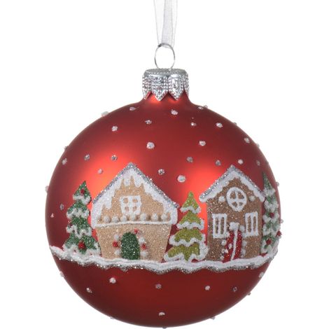 Palline rosse opache con paesaggio innevato decorazione per albero di natale da 8 cm, confezione da 6 pezzi