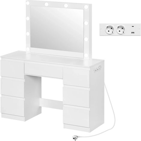 CHICFURN Tocador 110 x 39,5 x 140,5 cm blanco, espejo LED y enchufes integrados (1/5)
