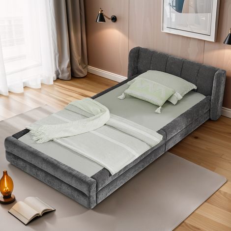 Gepolstertes Einzelbett Kinderbett 90x200cm Juniorbett mit Stauraum Lattenrost Kopfteil moderner minimalistischer Stil grau