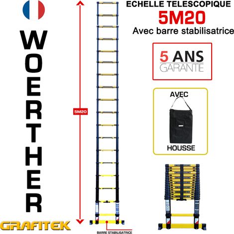 Echelle télescopique 5m20 Woerther avec barre stabilisatrice - Charge maximal 150Kg - Garantie 5 ans