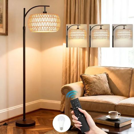 Lampadaire LED avec télécommande et réglage de l'intensité, lampadaire incurvé, lampe de lecture, abat-jour en rotin, luminaire décoratif. (1/5)