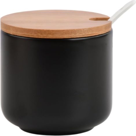1 Pot à Épices en Céramique, Couvercle en Bambou, Cuillère Incluse, 260ml, Noir, pour Cuisine et Buffet (1/5)