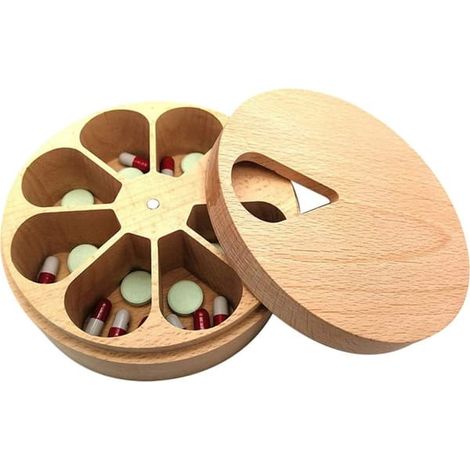 Boîte à pharmacie ronde en bois, boîte de rangement hebdomadaire (7 jours), boîte multifonctionnelle à 7 compartiments et couvercle pour pilules, sel, épices, bijoux (1/4)