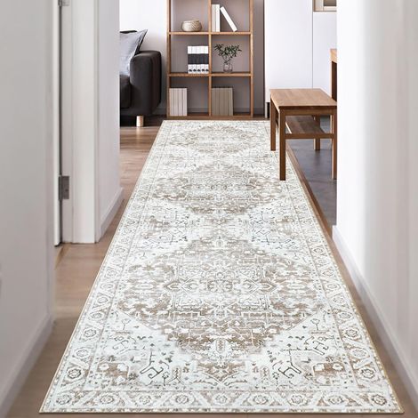 Tapis Couloir Long 80x300cm Tapis De Couloir Vintage Lavable en Machine Antiderapant Doux Poil Ras Beige Marron Tapis Cuisine Chambre Salon Passage (1/5)