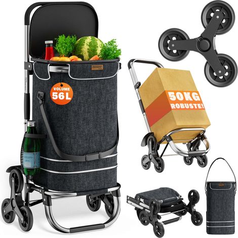 Monzana – Chariot de courses pliable 56L – Compartiment isotherme 5L – 6 roues avec roulement à billes – Tissu Oxford 600D résistant
