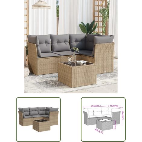 The Living Store 5-tlg. Garten-Sofagarnitur mit Kissen Beige Poly Rattan - Gartenmöbel Set - PE-Rattan Möbel - Outdoor Sofa - Esstisch - Lounge Garnitur (1/3)