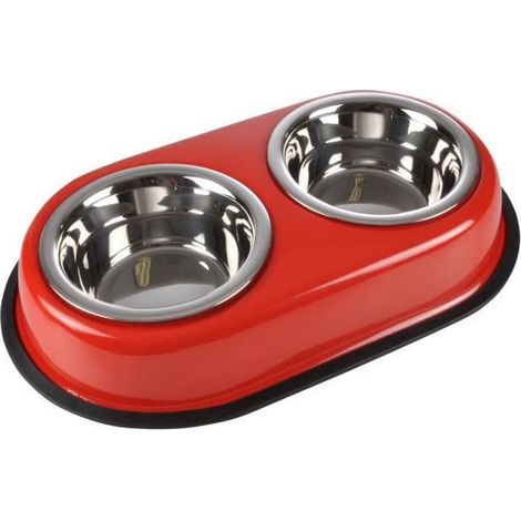 Double bols en inox avec support en métal antidérapant - Rouge - D14/9 x L 21 x l 14 cm - Livraison gratuite (1/3)