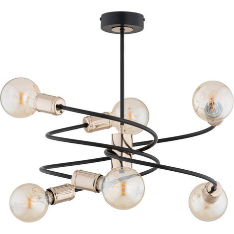 Alfa DISCO Industrial Ceiling Light Fixture, Black Metal with Antique Gold Accents, 6x E27 Sockets (max 15W), Dimmable, Rounded 46cm Modern Loft Lamp