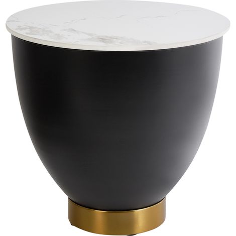 Mesa auxiliar tablero de piedra sinterizada blanco aspecto natural base de metal negro detalles dorados diseño moderno ø 48 cm Nadine