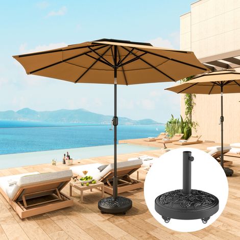 Pied de parasol. socle parasol extérieur en résine 21 kg. pour mât de Ø 32/38/48 mm. avec roues. Ø 49 x 42 cm. noir