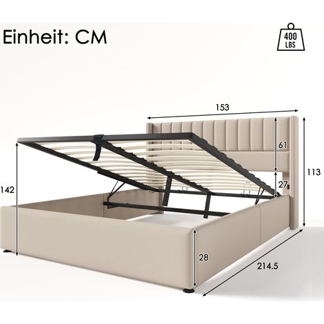 Letto Contenitore Letto Matrimoniale 140 × 200 cm con Vano e Testiera Imbottita, senza Materasso, Beige (1/4)