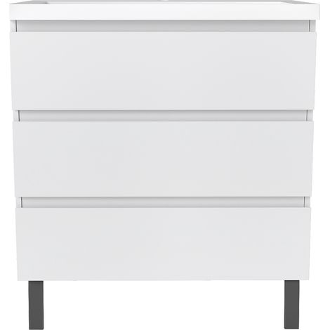 Meuble de Salle de Bain 80cm avec 3 tiroirs + 2 Pieds, Meuble simple vasque céramique, Blanc