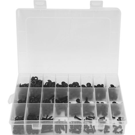 Kit 570 pièces vis écrous boulons hexagonaux en acier carbone noir, rondelles plates, avec 3 clés Allen, assortiment complet pour bricolage (1/5)