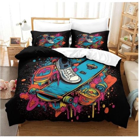 Skate Graffiti Parure De Lit Housse De Couette 3D, Imprimé Literie en Microfibre avec Fermeture Glissière 90x190cm - K24 (1/4)