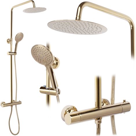 REA – Colonne de douche thermostatique en laiton – Finition or clair – Pommeau carré 25x25 cm – Longueur flexible 150 cm – Espacement 15 cm