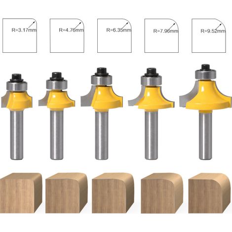 Fraises à angle arrondi – set de 5 avec 8 poignées – angle droit inversé, coupe pour machine à rogner, alliage haute qualité (1/5)