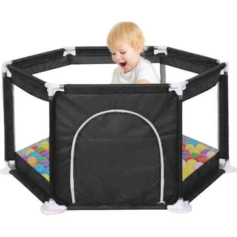 Supernic Baby Playpen Large Playpen Portable Child Safety Yard Activity Center with Basketball Hoop Toddler Fence with Breathable Mesh Extra Large Play Yard for Boys Girls Babies Six-Plate, Black (1/5)