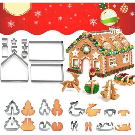 Lot de 18 Emporte-pièces Maison Pain d'épices, Acier Inoxydable, Kit 3D Noël, Cuisson et Décoration (1/5)