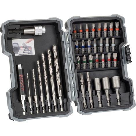 Bosch – Mèche à bois pour perceuse – Coffret de 35 pièces – Forets hexa pour bois dur – Embouts de vissage et douilles – Coffret plastique résistant (1/4)