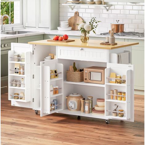 MEUBLIV Îlot de cuisine 120x70x92 cm naturel et blanc – plan de travail pliable (1/5)