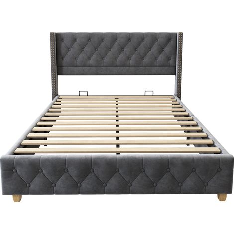 Lit capitonné 140x190 cm en velours gris avec sommier à lattes MODENUIT (1/5)