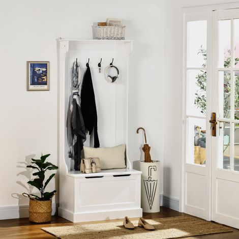 Appendiabiti da Terra Moderno 3 in 1 con 4 Ganci, Panca Contenitore e Attaccapanni, Salvaspazio Mobile da Ingresso, Corridoio, Camera da Letto in Legno, 71.5x39.5x170 cm, Bianco