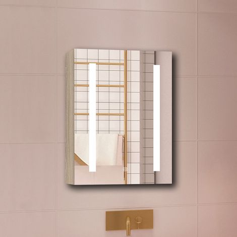 Aica Armoire avec miroir de Salle de Bain Murale, LED + Dimmable + Prise + Anti-Buée, 70x60cm, Chêne
