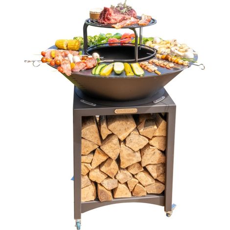 Brasero haut en acier avec plaque amovible – Barbecue plancha extérieur Ø 75 cm – Épaisseur 5 mm pour cuisson optimale – 4 roulettes avec freins