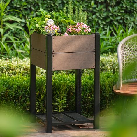 Jardinière Surélevée 494985cm, HDPE Aspect Bois, Bac à Fleurs avec Étagère de Rangement, Aluminium, Résiste aux Intempéries (1/5)