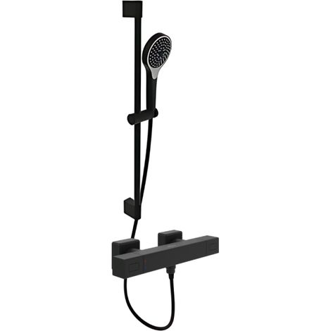 VILLEROY ET BOCH Grifería Universal mezclador termostático de ducha rectangular Negro Mate + Set de ducha Verve Showers 3 chorros Negro