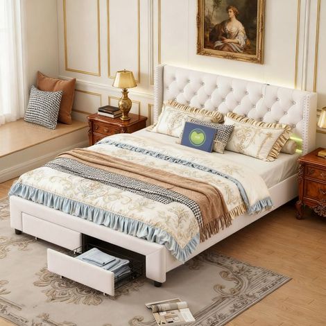 Letto 140x190 BILLIA velluto beige – 2 cassetti, LED regolabile, porte USB, rete inclusa