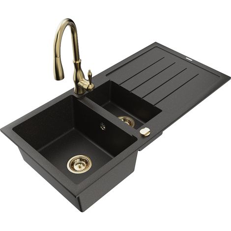 Mexen Andres fregadero de granito 1,5 senos con escurridor y grifo de cocina Savita, negro/oro metálico - 6515-75-672601-50 (1/5)