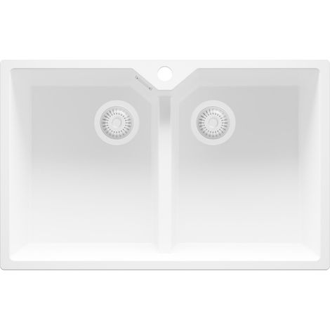 PRIMAGRAN Evier Cuisine en Granit 78x50cm, Lavabo 2 bacs + Kit de Vidage, Évier à Encastrer au meuble 80cm - Madrid Twin, Tout Blanc