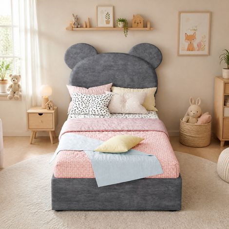 Letto per bambini 90x200 cm grigio con vano contenitore, tessuto e metallo, senza materasso (1/5)