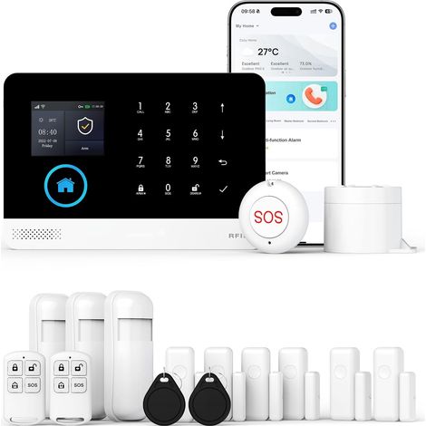 Alarme Maison sans Fil Intelligent WiFi/GSM, Système Alarme Maison avec APP, 16 Pièces: Détecteur de Mouvement, Capteurs de Porte et Fenêtre, Télécommandes, Sirène (1/5)
