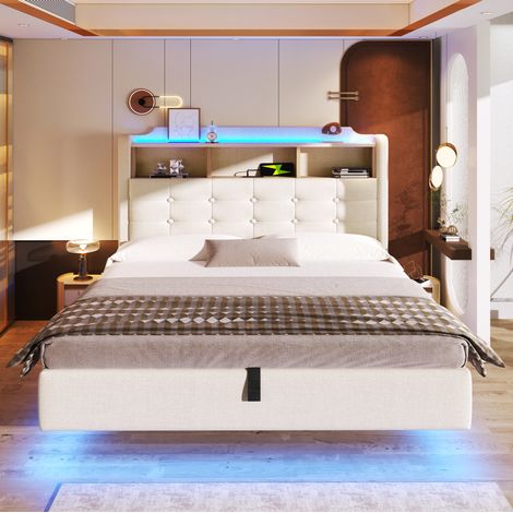 Letto imbottito 140x200 cm beige in lino e MDF con LED, vano idraulico e prese USB/USB-C (1/5)